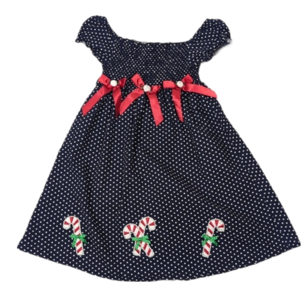 Smocked Christmas Dress Fit & Flare Polka Dot Navy Ribbon Bow Tie Candy Cane